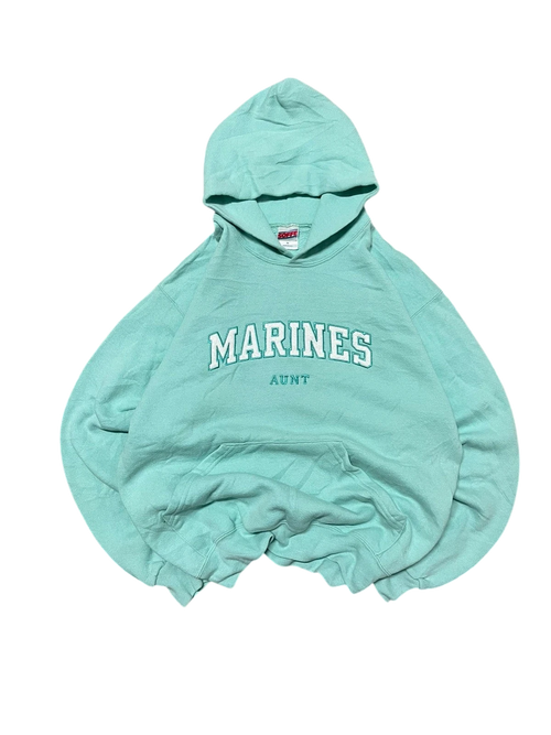 Premier Vintage mint green cotton blend Marines Aunt hoodie with embroidered lettering, hood, and kangaroo pocket.