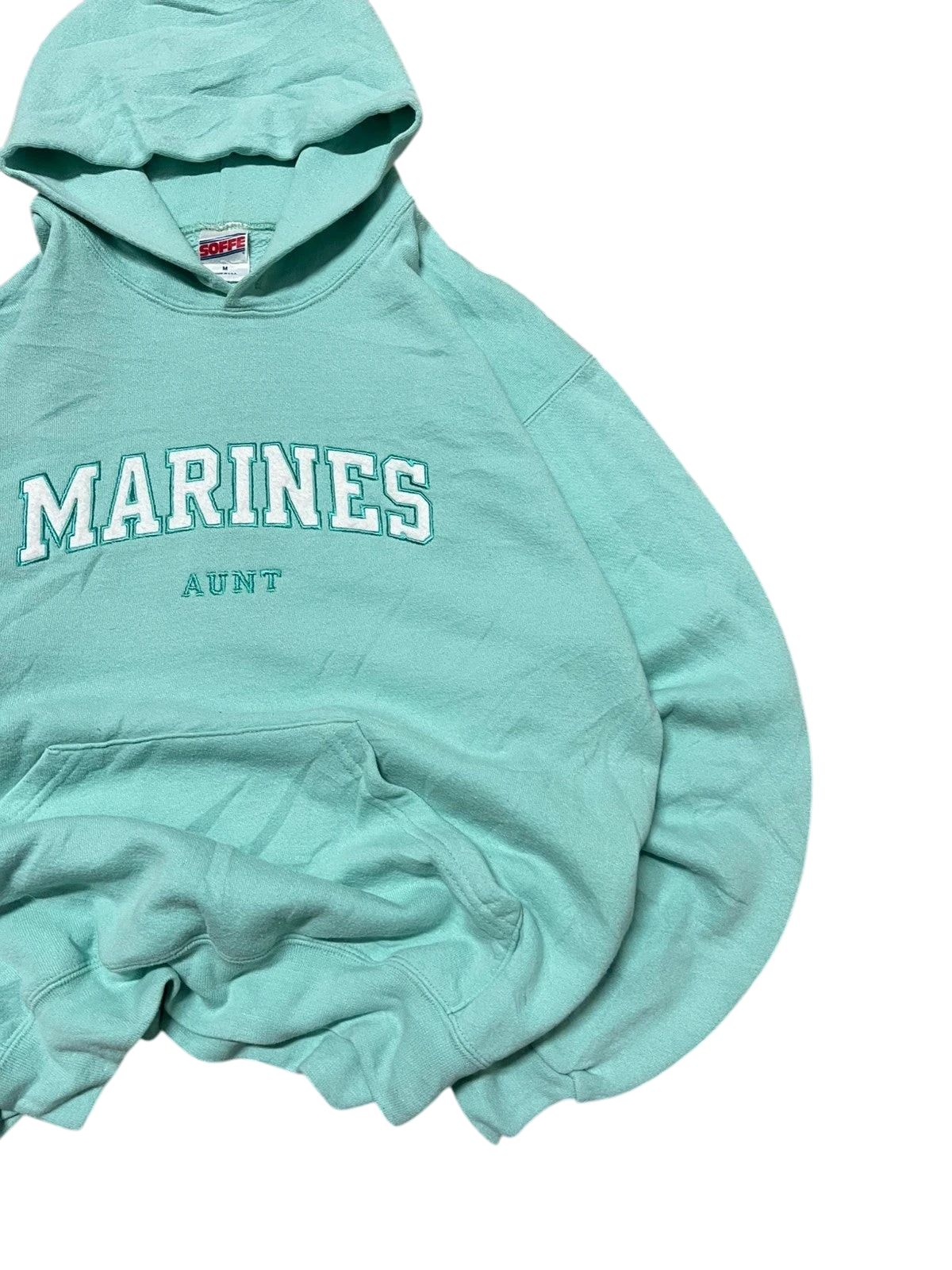 Premier Vintage mint green cotton blend hoodie with "Marines Aunt" embroidered lettering, hood, and kangaroo pocket.