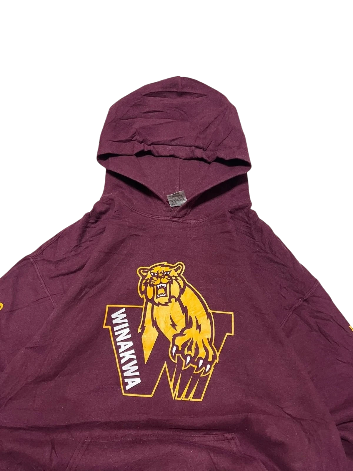 Premier Vintage maroon heavy blend pullover hoodie with bold "W" logo, tiger graphic, and "WINAKWA" text. Classic athletic style.