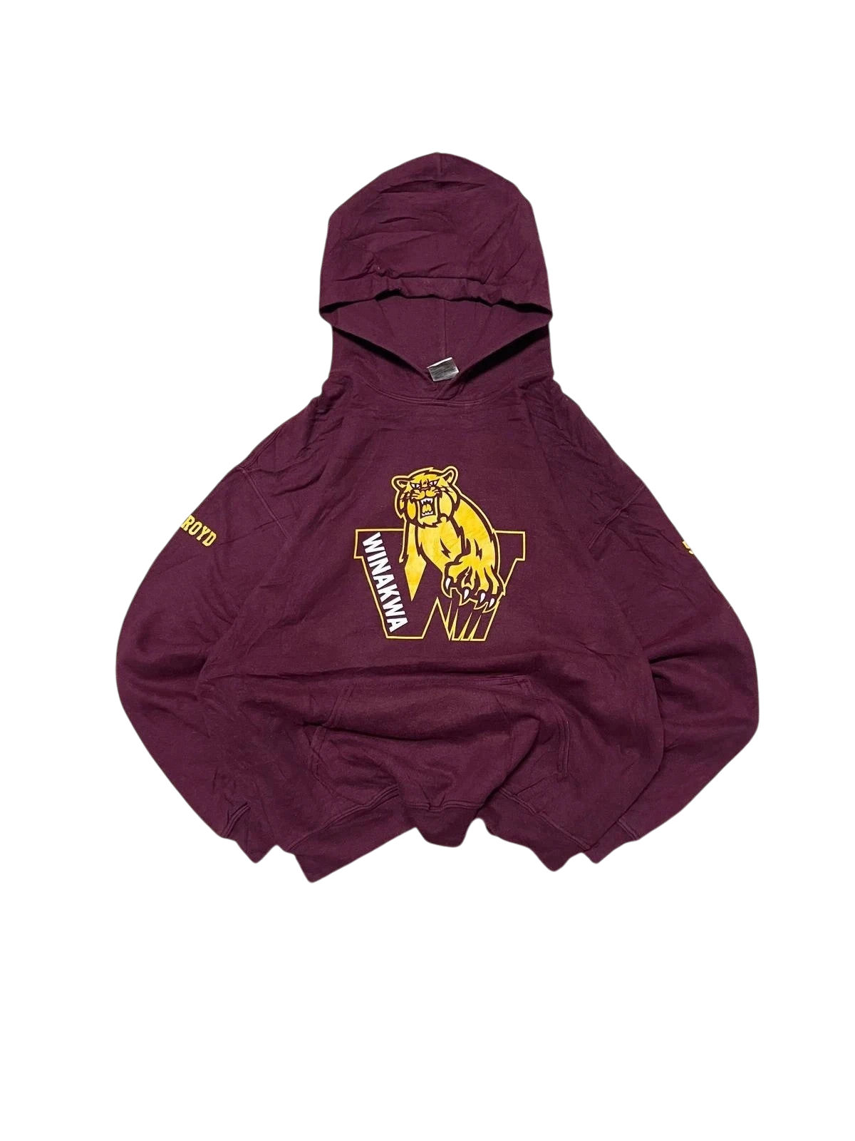 Premier Vintage maroon heavy blend pullover hoodie with "W" logo, tiger graphic, and "WINAKWA" text. Retro athletic style.
