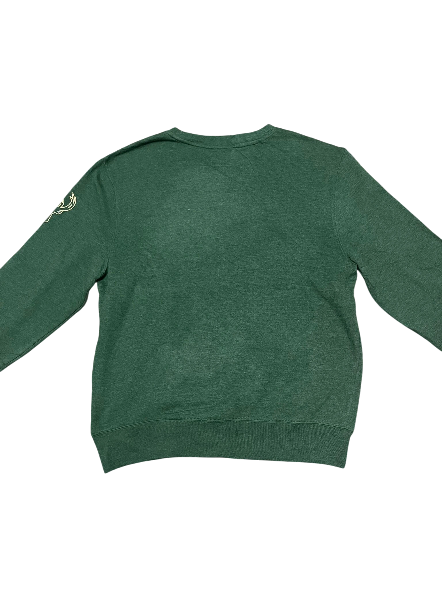 Premier Vintage green crewneck sweatshirt with embroidered Milwaukee Bucks logo on sleeve. Comfortable and stylish.