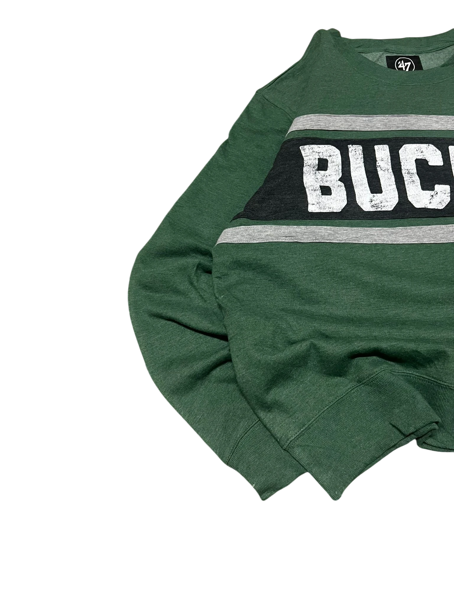 Premier Vintage green crewneck sweatshirt with "BUCKS" lettering and grey/black stripes. Features embroidered logo on sleeve.
