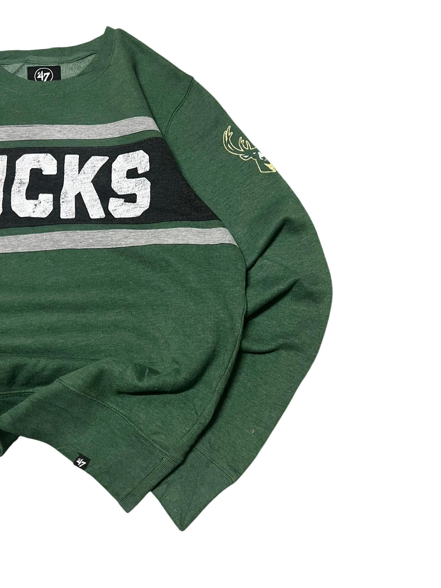 Premier Vintage green crewneck sweatshirt with "BUCKS" lettering, grey and black stripes, and embroidered deer logo on sleeve.
