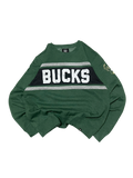 Premier Vintage Milwaukee Bucks green crewneck sweatshirt with "BUCKS" lettering and embroidered logo on sleeve.