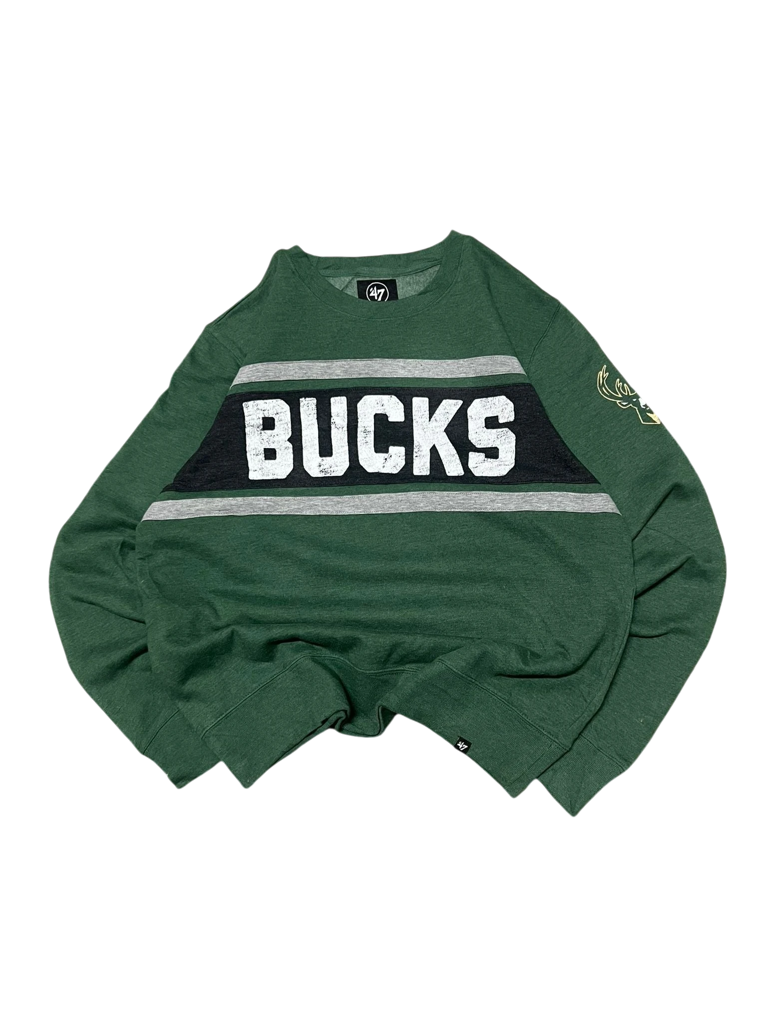 Premier Vintage Milwaukee Bucks green crewneck sweatshirt with "BUCKS" lettering and embroidered logo on sleeve.