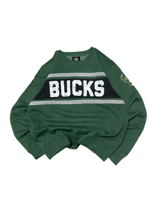 Premier Vintage Milwaukee Bucks green crewneck sweatshirt with "BUCKS" lettering and embroidered logo on sleeve.
