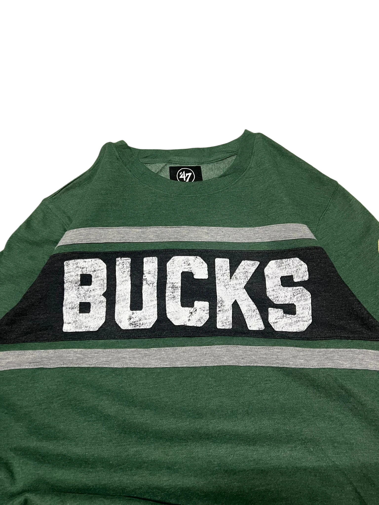 Premier Vintage green crewneck sweatshirt with white "BUCKS" lettering, grey and black stripes, and embroidered logo.