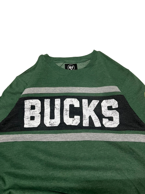 Premier Vintage green crewneck sweatshirt with white "BUCKS" lettering, grey and black stripes, and embroidered logo.