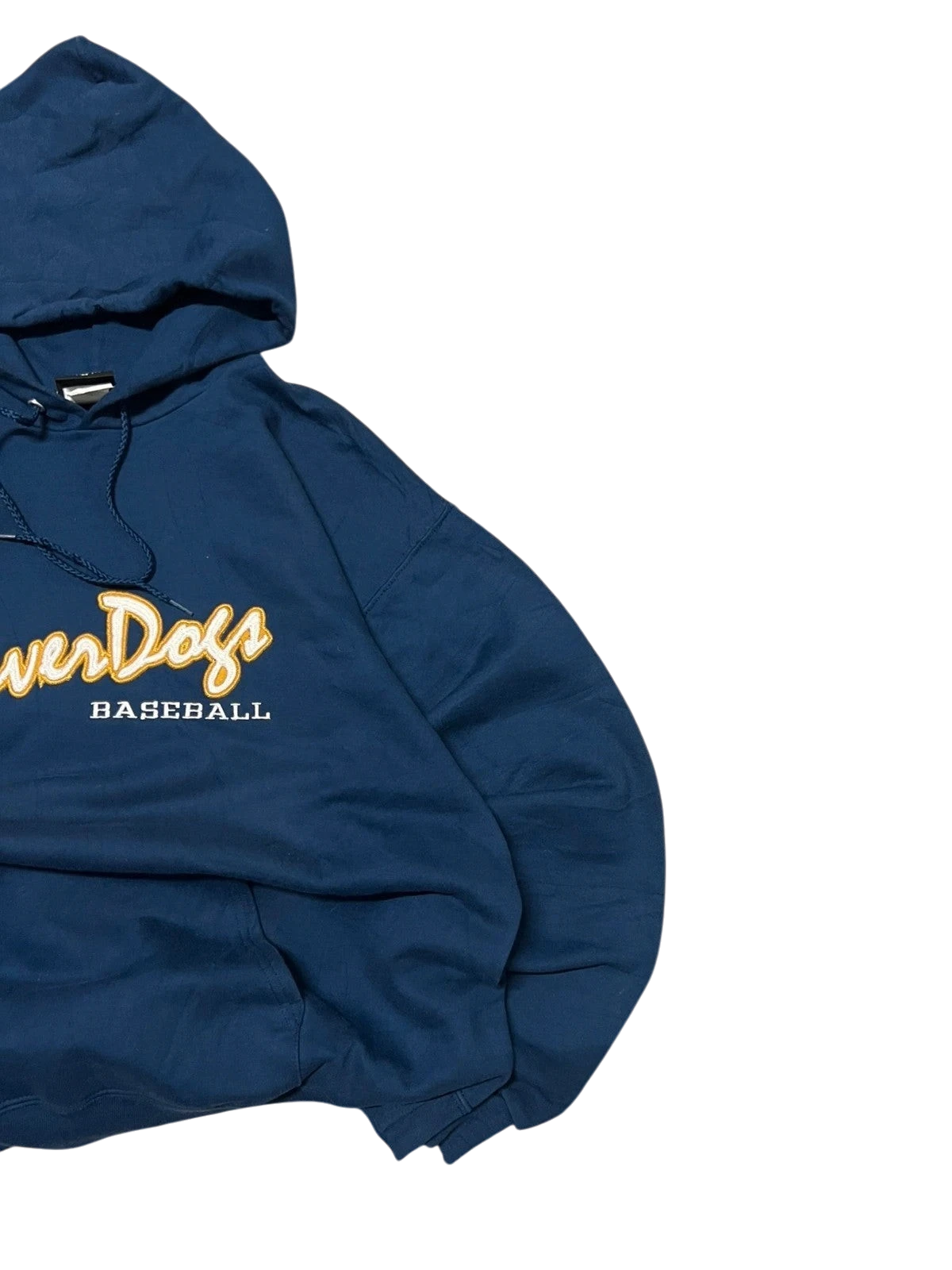 Premier Vintage navy blue cotton blend hoodie with embroidered "River Dogs Baseball" graphic, drawstring hood, and pouch pocket.