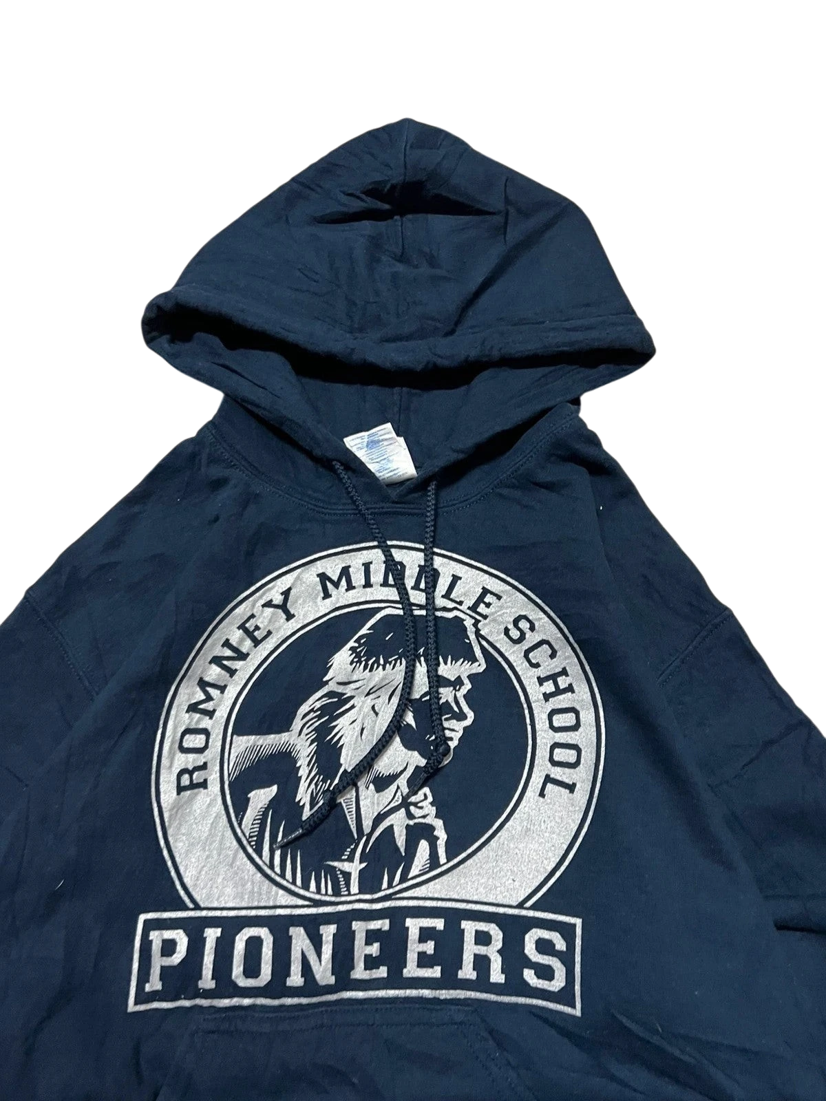 Premier Vintage navy blue Romney Middle School Pioneers hoodie with logo and drawstring hood. Soft, durable fabric for comfortable everyday wear.