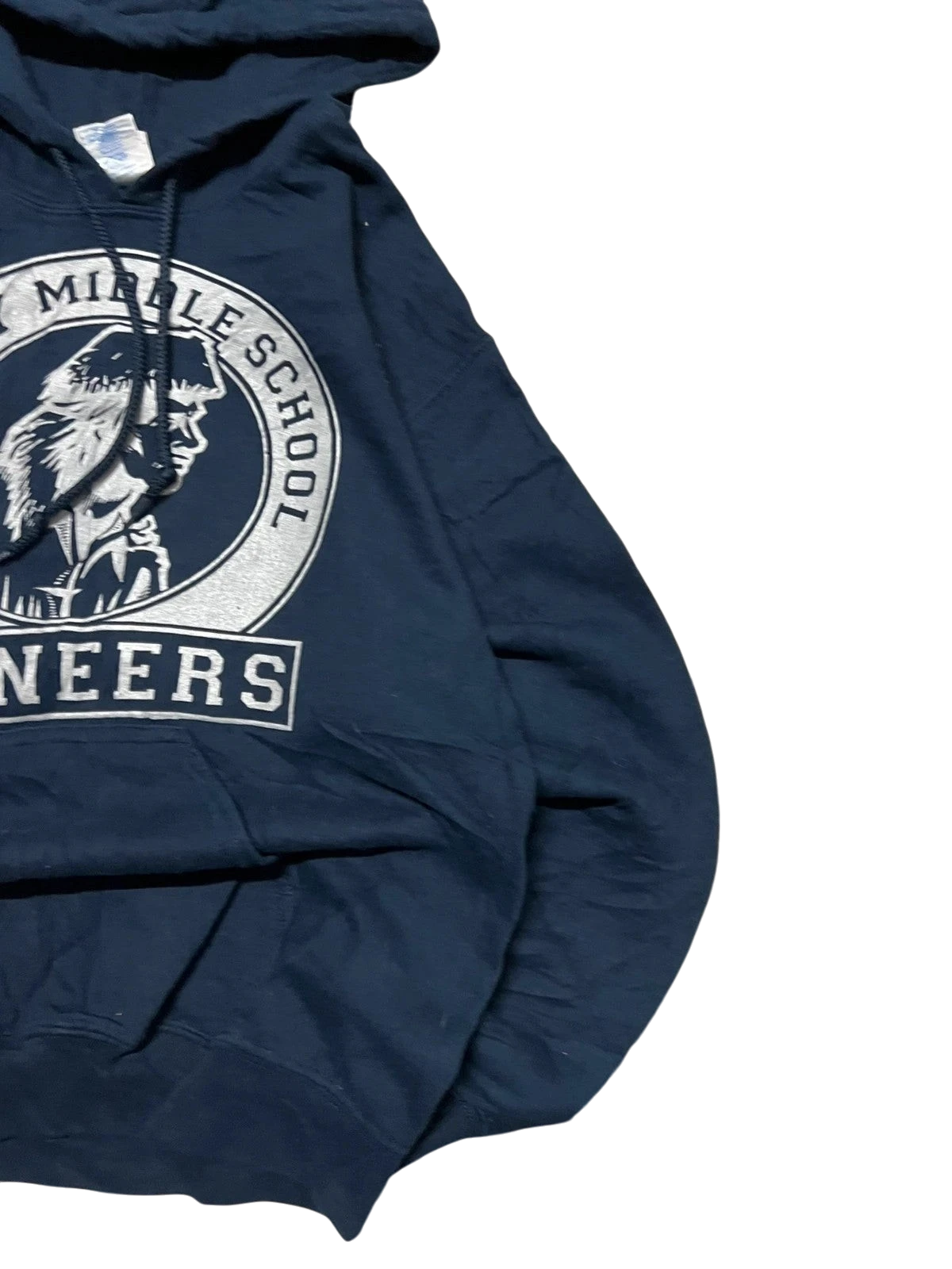 Premier Vintage navy blue Romney Middle School Pioneers hoodie with logo. Soft, durable fabric, hooded sweatshirt with front pocket.