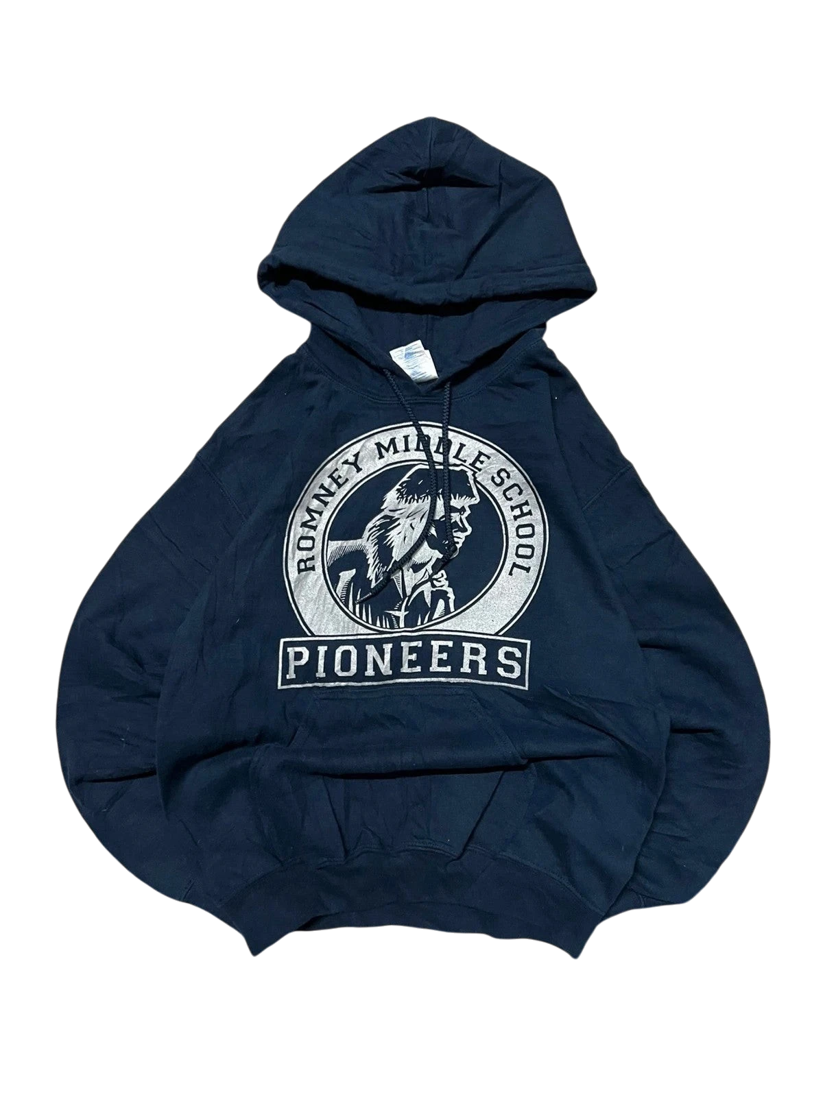 Premier Vintage navy blue Romney Middle School Pioneers hoodie with logo. Comfortable, soft, and durable fabric.