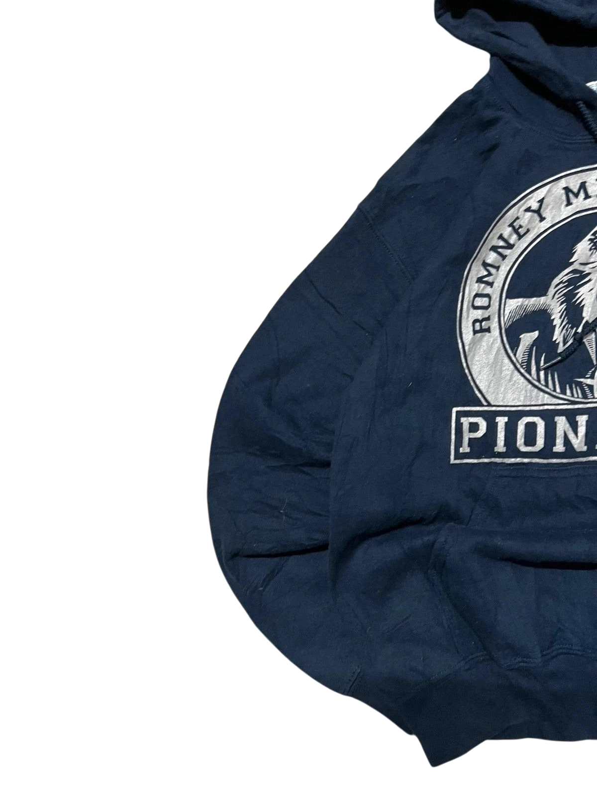 Premier Vintage navy blue Romney Middle School Pioneers hoodie with logo. Comfortable, soft, and durable fabric for everyday wear.
