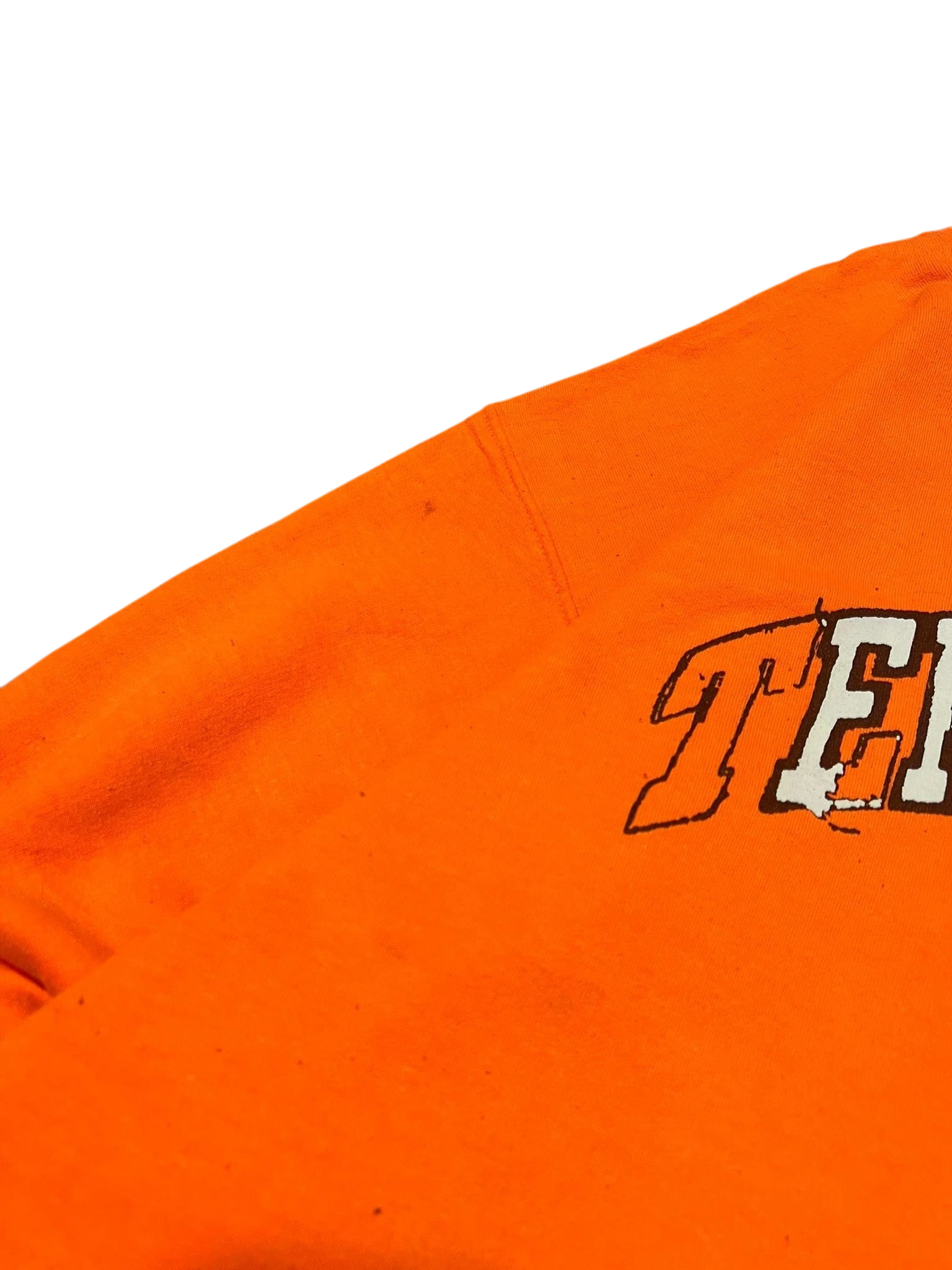 Premier Vintage neon orange crewneck sweatshirt with graphic text. Comfortable and durable.