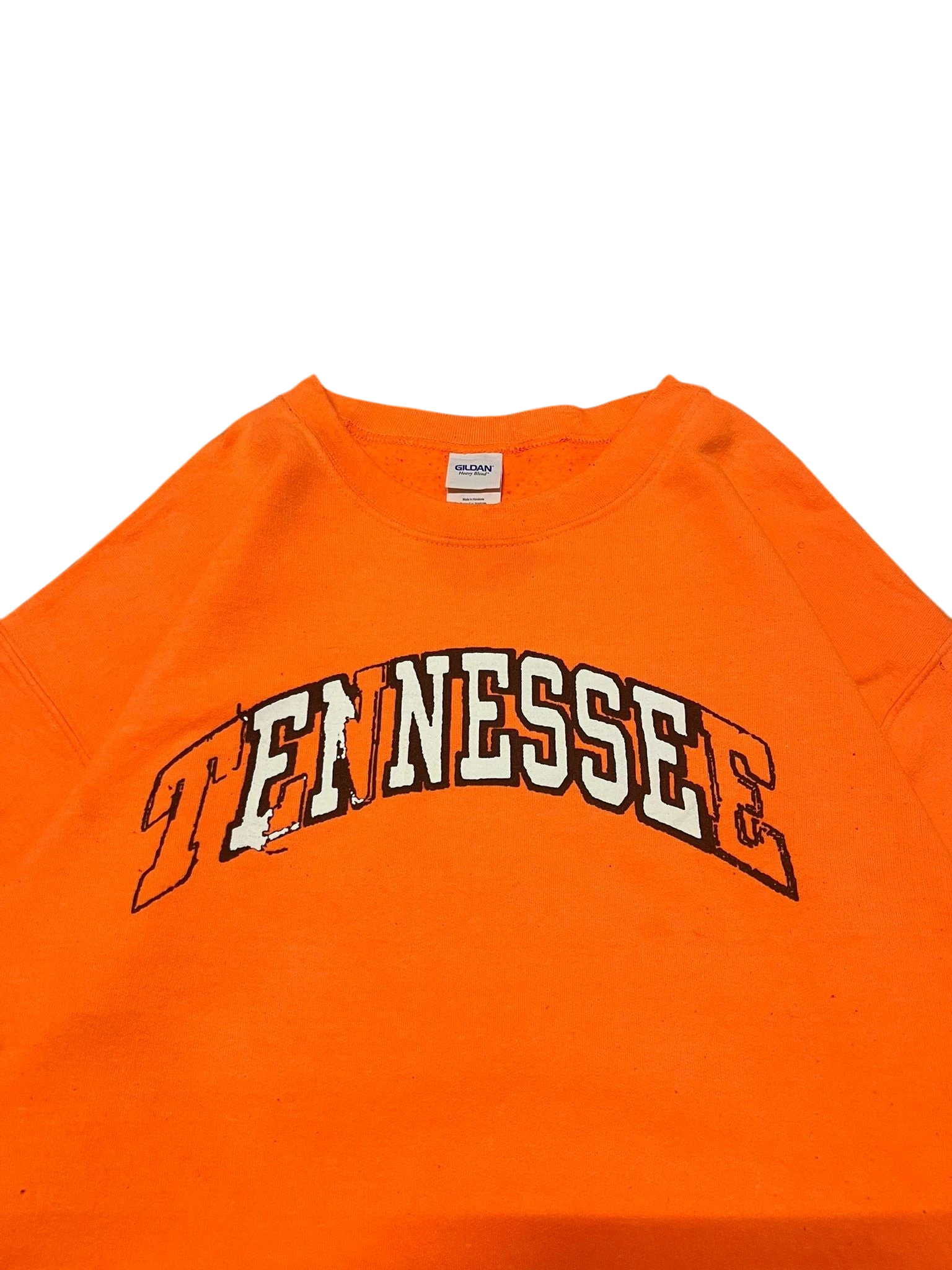 Premier Vintage neon orange Gildan Heavy Blend crewneck sweatshirt with "TENNESSEE" graphic.