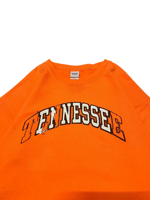 Premier Vintage neon orange Gildan Heavy Blend crewneck sweatshirt with "TENNESSEE" graphic.