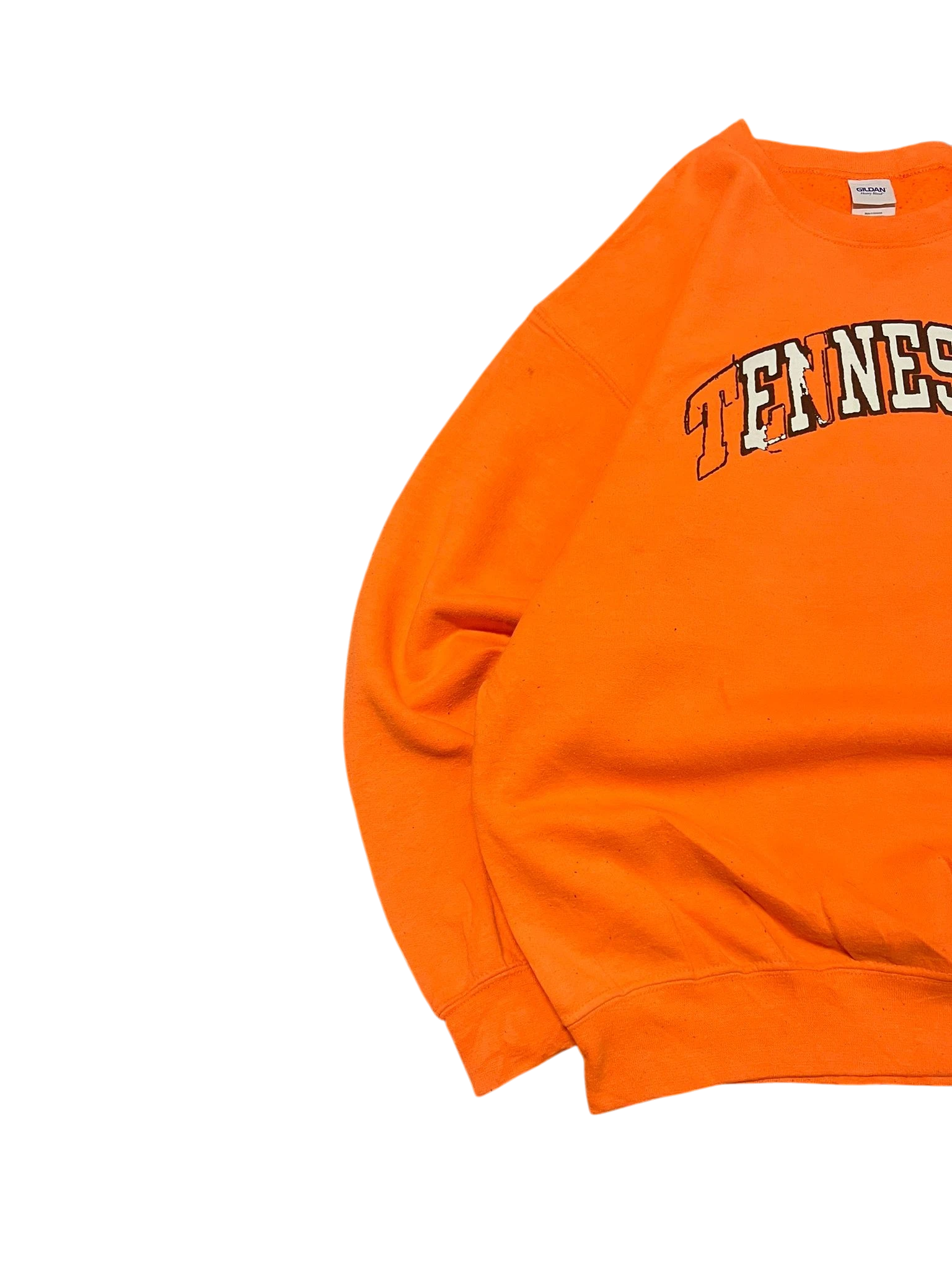Premier Vintage neon orange Gildan Heavy Blend crewneck sweatshirt with "Tennessee" graphic. Comfortable and durable.