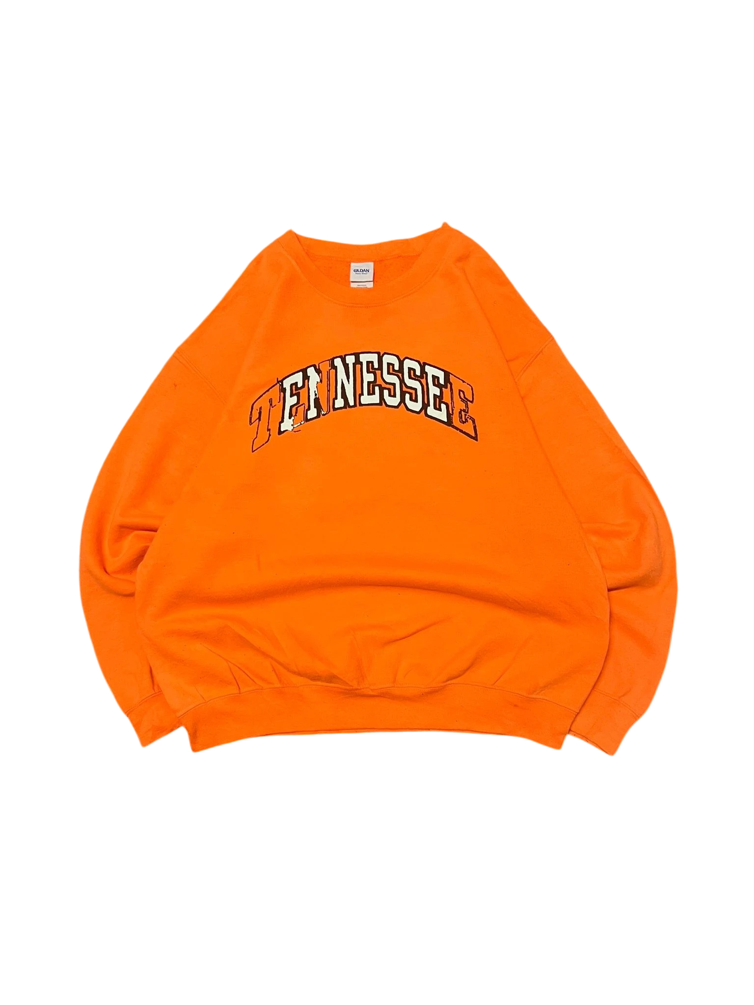 Premier Vintage neon orange crewneck sweatshirt with "TENNESSEE" graphic. Classic fit, comfortable blend.