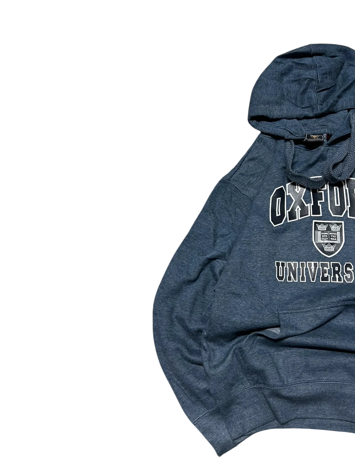 Premier Vintage heathered blue Oxford University graphic hoodie with crest and lettering. Features a hood, drawstrings, and kangaroo pocket.