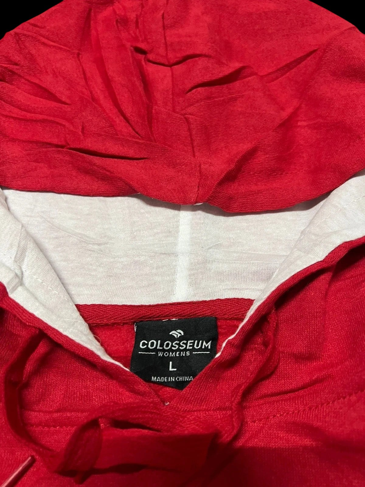 Premier Vintage red graphic hoodie with white drawstring and hood lining. Features Colosseum brand tag.