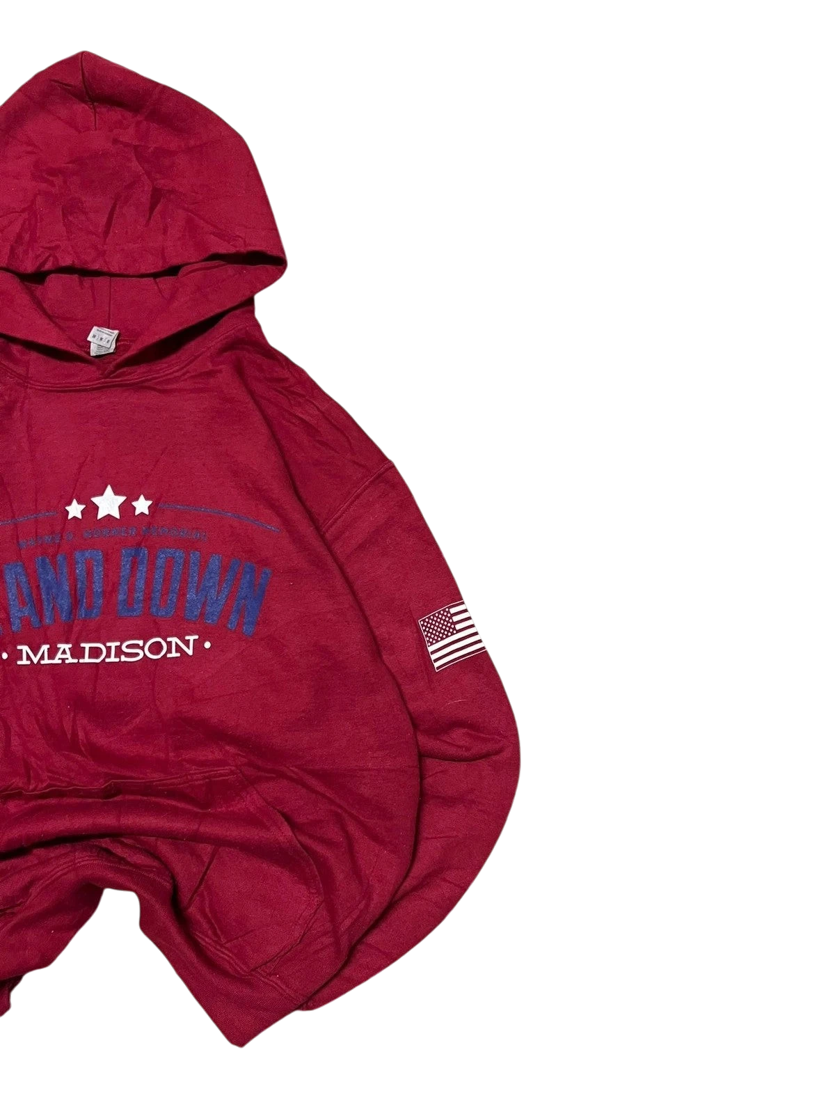 Premier Vintage red cotton blend graphic hoodie with "STAND DOWN MADISON" text and American flag detail on sleeve.