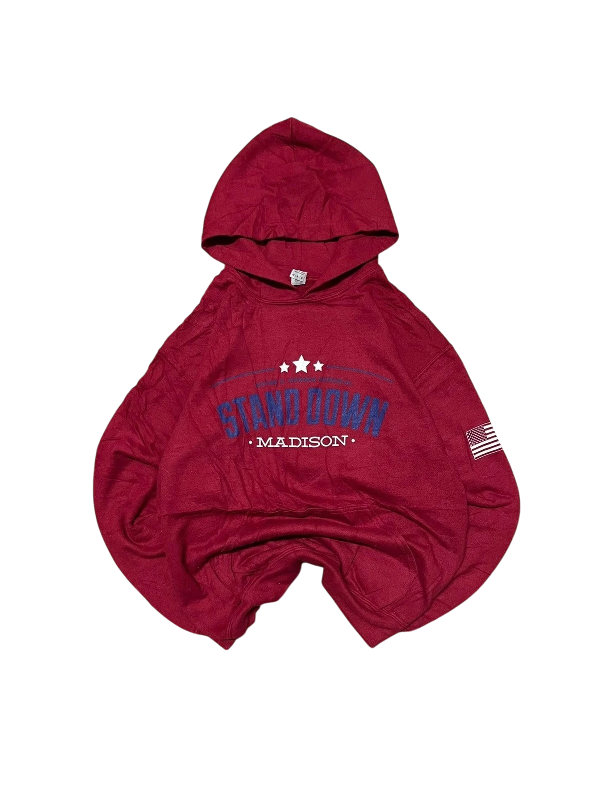 Premier Vintage red cotton blend graphic hoodie with "STAND DOWN MADISON" text and American flag detail.