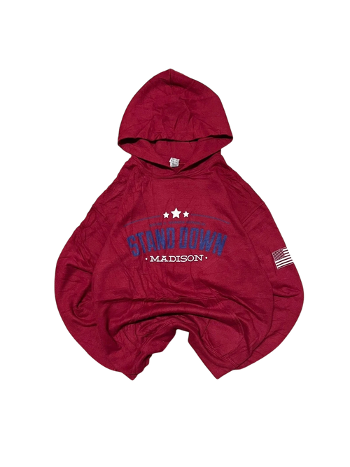 Premier Vintage red cotton blend graphic hoodie with "STAND DOWN MADISON" text and American flag detail.