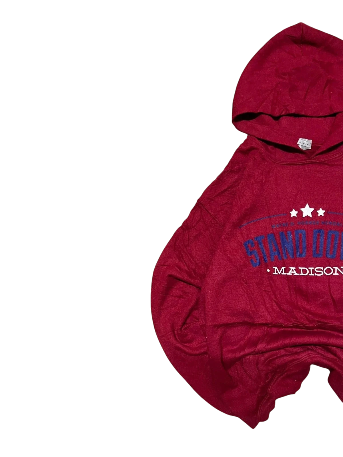 Premier Vintage red cotton blend graphic hoodie with "STAND DOWN MADISON" text and stars.