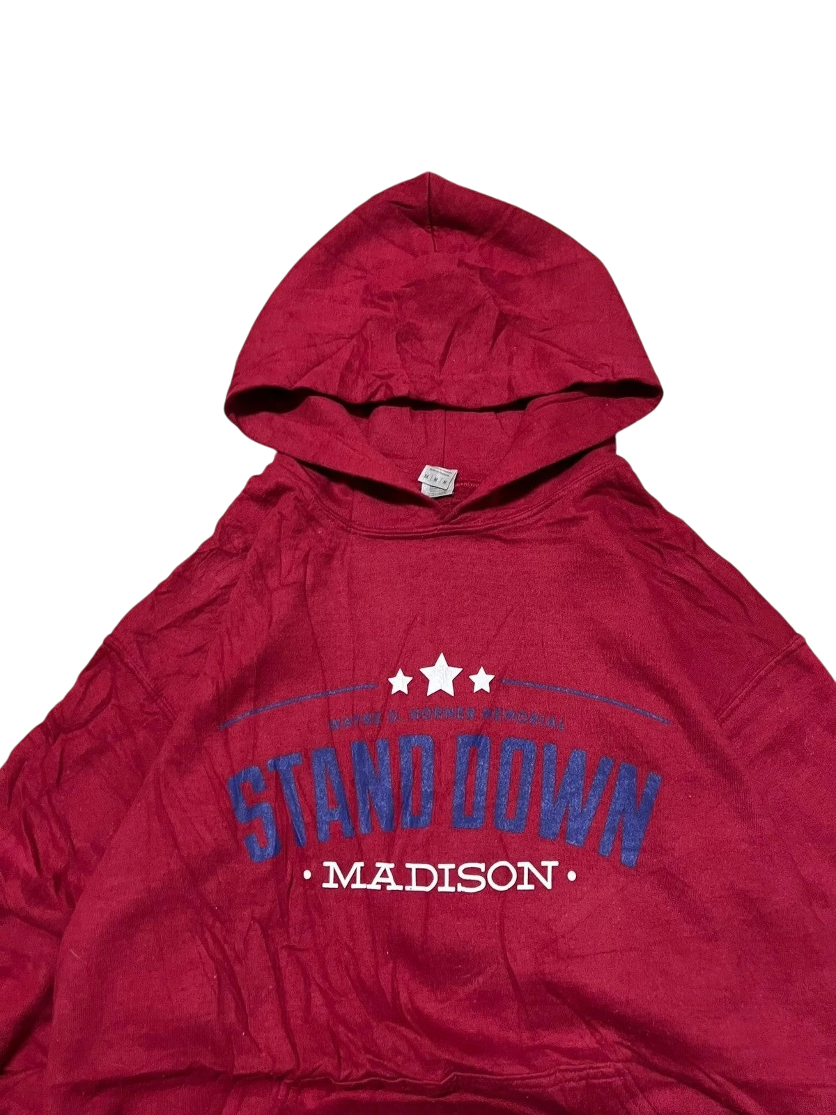 Premier Vintage red cotton blend graphic hoodie with "STAND DOWN MADISON" text and three stars.