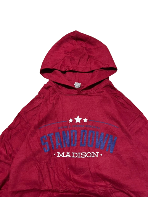 Premier Vintage red cotton blend graphic hoodie with "STAND DOWN MADISON" text and three stars.
