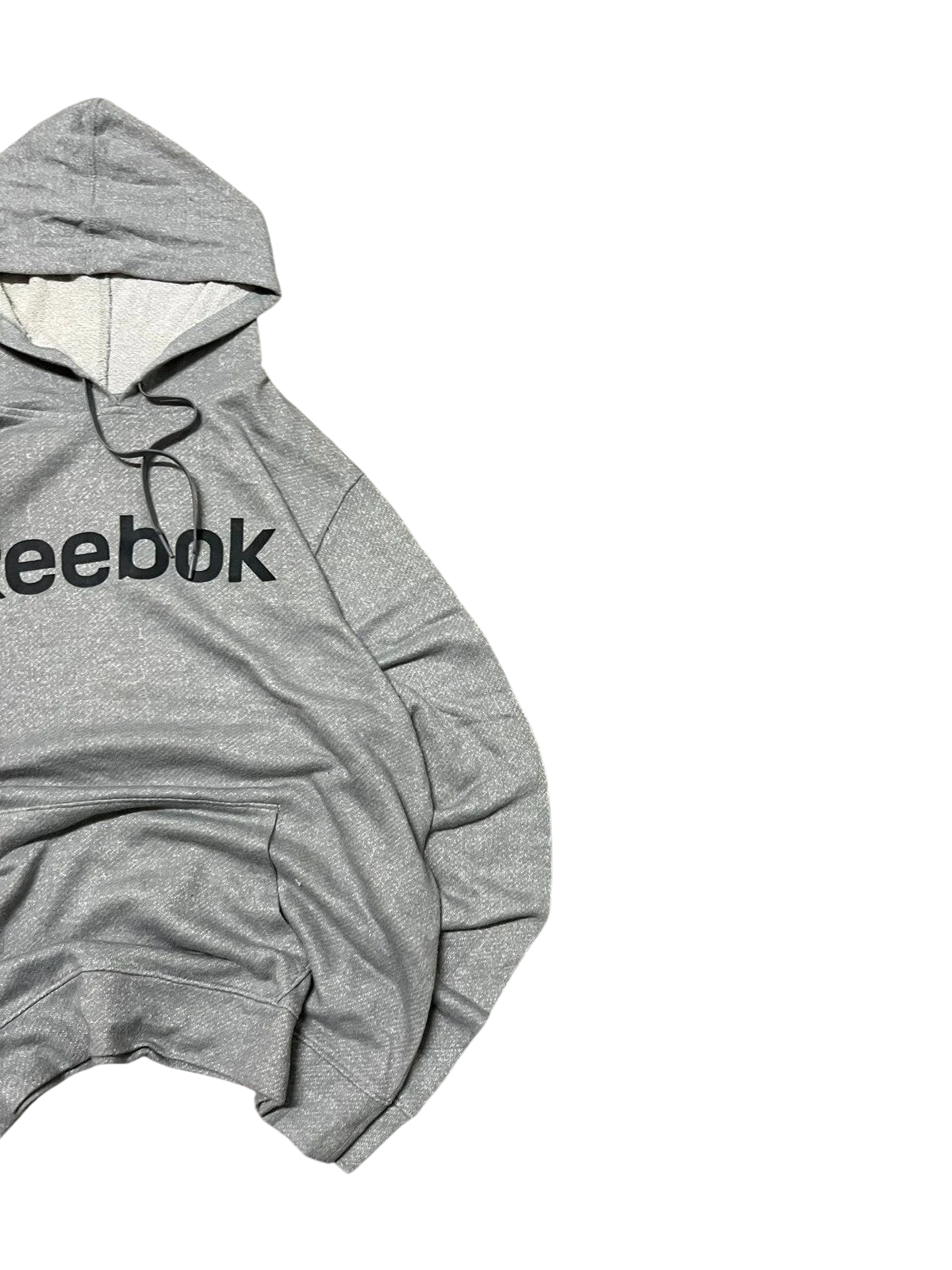Premier Vintage grey Reebok athletic hoodie with kangaroo pocket and adjustable drawstring hood. Features iconic Reebok logo on chest.