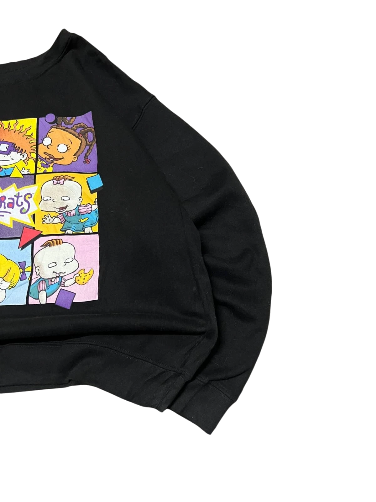 Premier Vintage black crewneck sweatshirt with a colorful collage of Rugrats characters and logo. Soft fabric, relaxed fit.