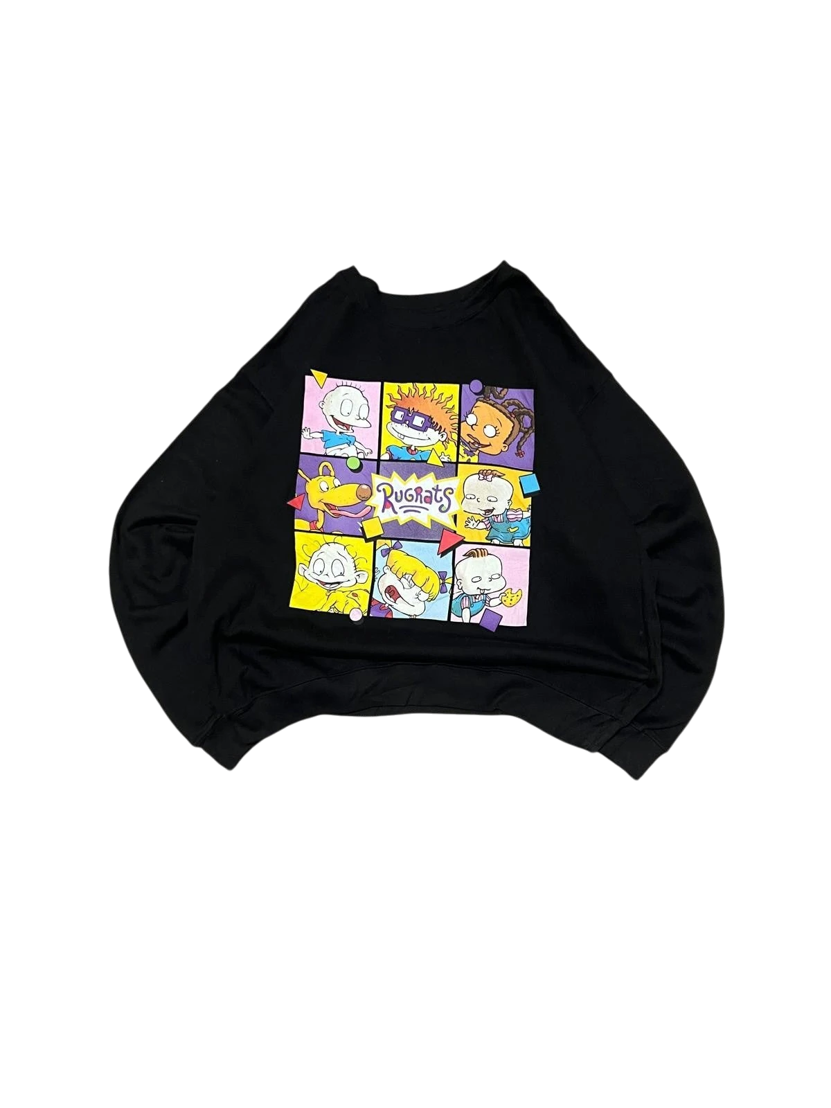 Premier Vintage black crewneck sweatshirt with a colorful collage of Rugrats characters and logo. Soft, comfortable fabric.