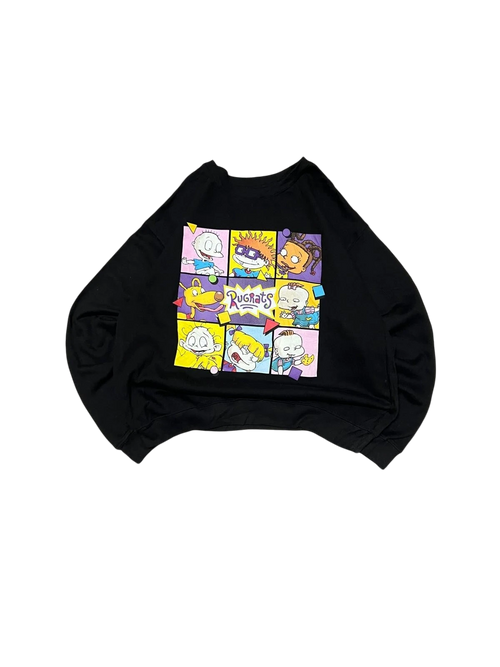 Premier Vintage black crewneck sweatshirt with a colorful collage of Rugrats characters and logo. Soft, comfortable fabric.