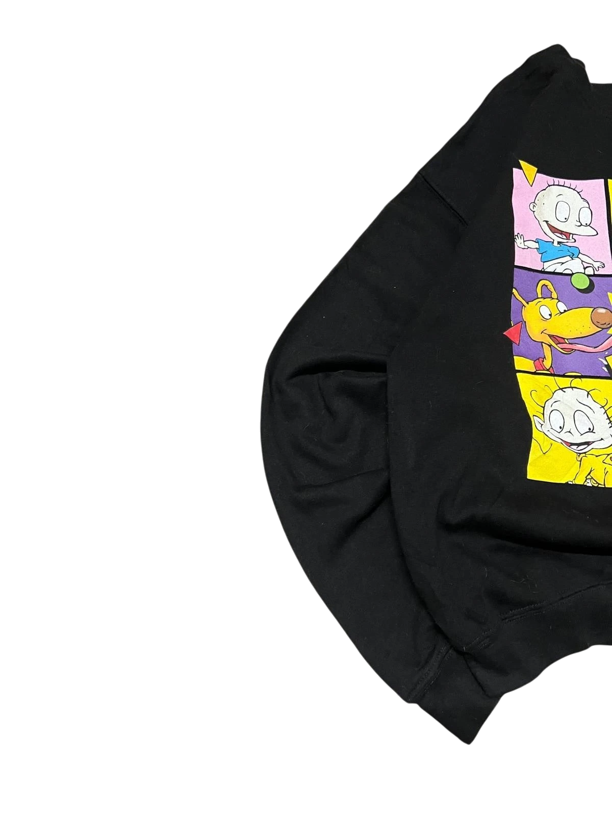 Premier Vintage black crewneck sweatshirt with a colorful collage of Rugrats cartoon characters. Features Tommy, Chuckie, and Spike.