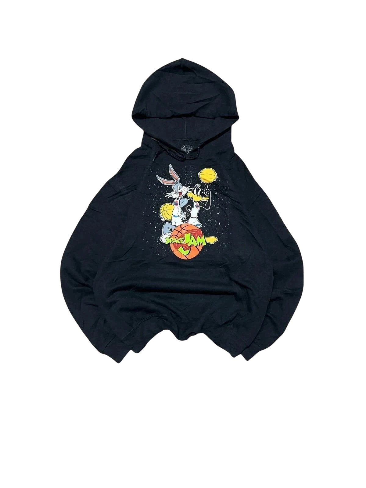 Premier Vintage black cotton blend Space Jam graphic pullover hoodie with Bugs Bunny and Daffy Duck playing basketball.