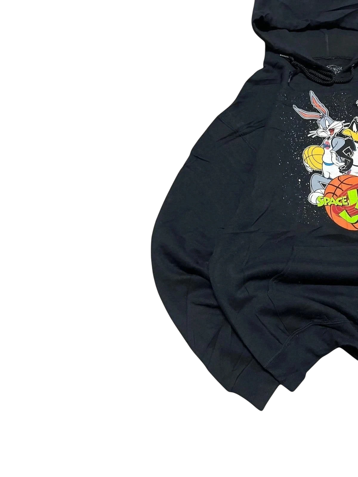 Premier Vintage black pullover hoodie with Space Jam graphic print, Bugs Bunny and Looney Tunes characters, drawstring hood, size M.