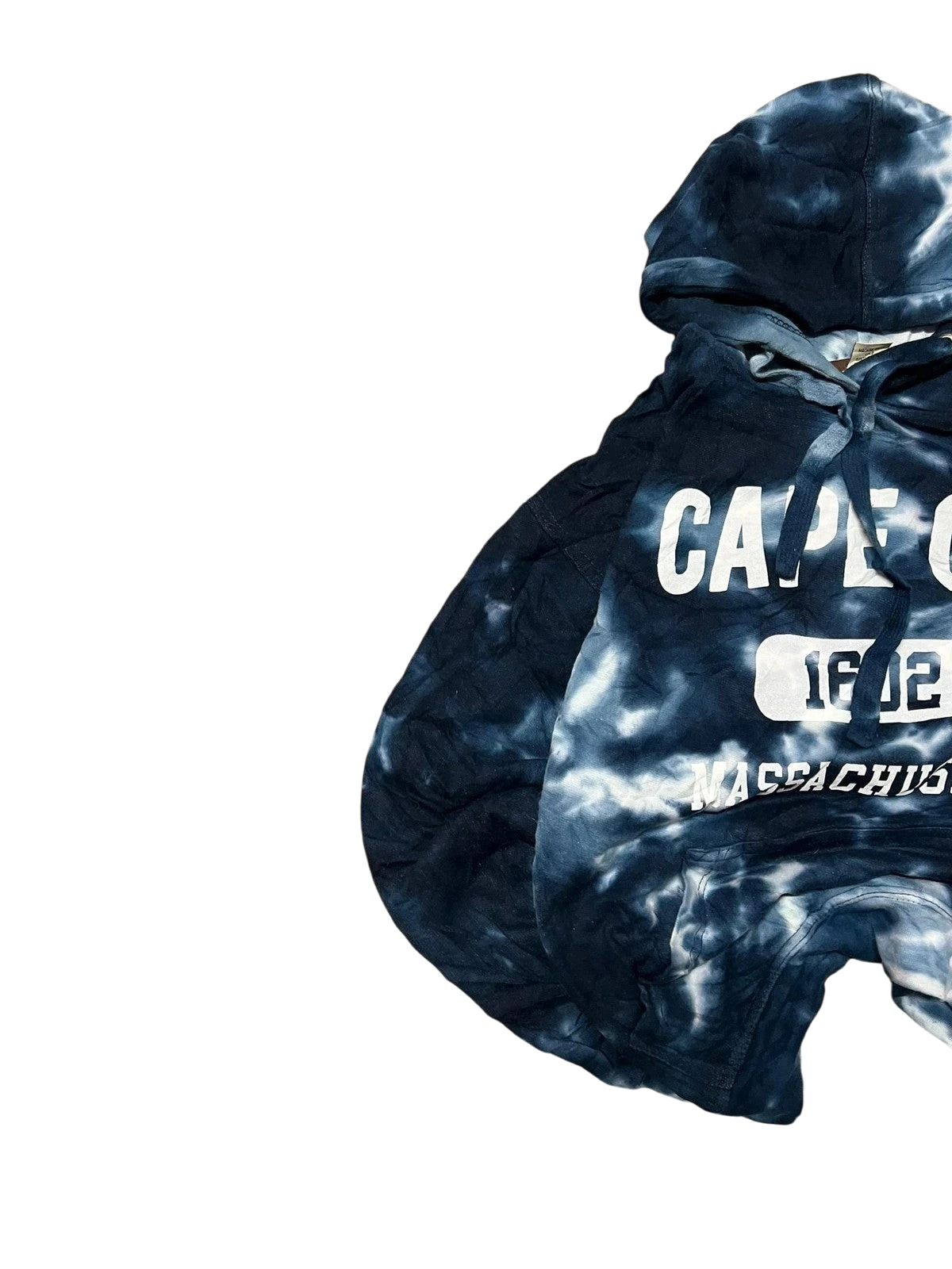 Premier Vintage blue and white tie-dye hoodie with "Cape Cod, Massachusetts" graphic. Comfortable and unique casual wear.