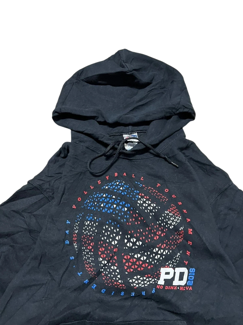 Premier Vintage black cotton blend hoodie with a large graphic of a volleyball in red, white, and blue. Text reads "VOLLEYBALL TOURNAMENT PRESIDENTS DAY 2016."