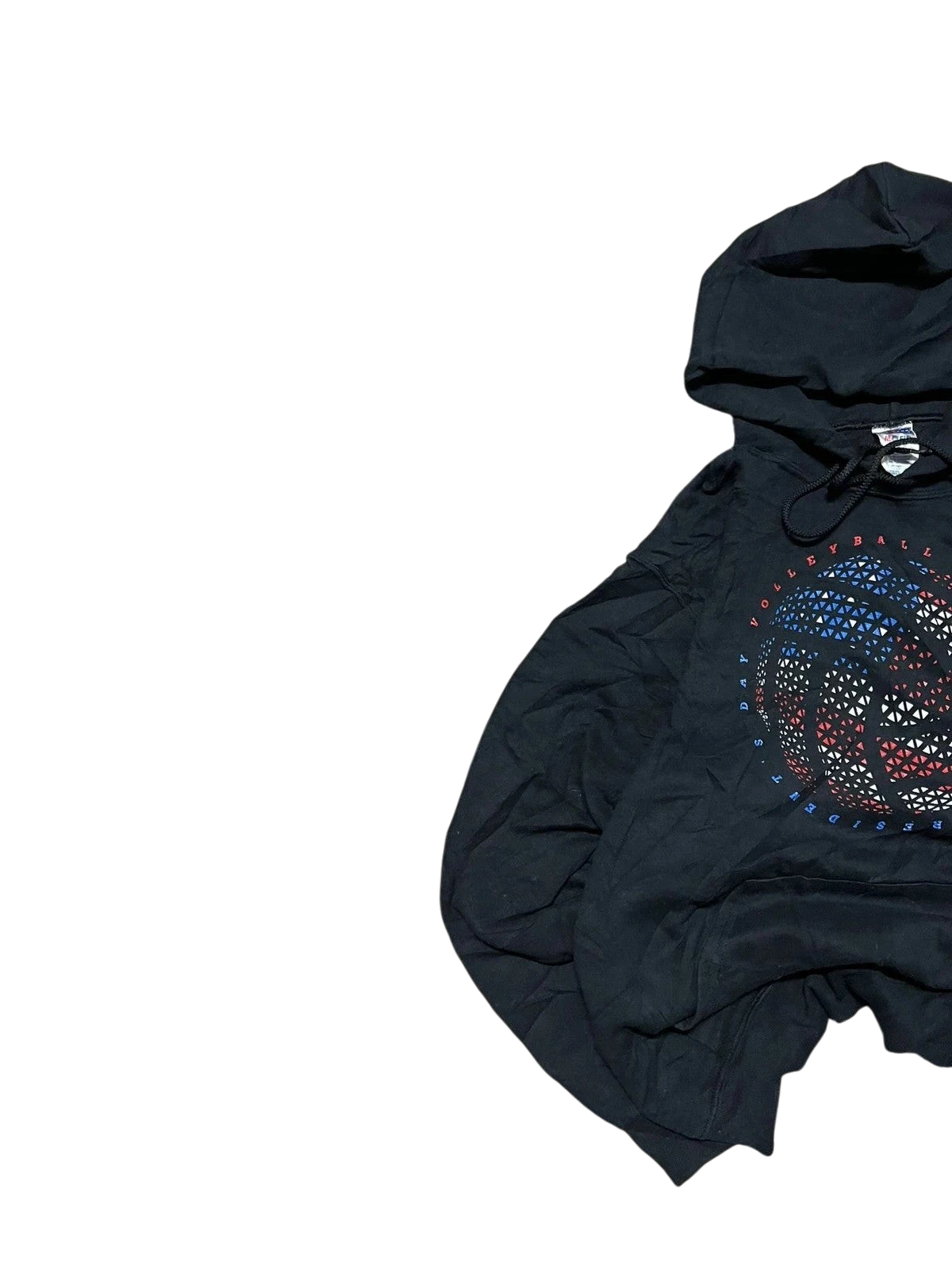 Premier Vintage black cotton blend hoodie with a graphic volleyball design in red, white, and blue. Features "VOLLEYBALL TOURNAMENT" and "PRESIDENTS DAY 2016" text.