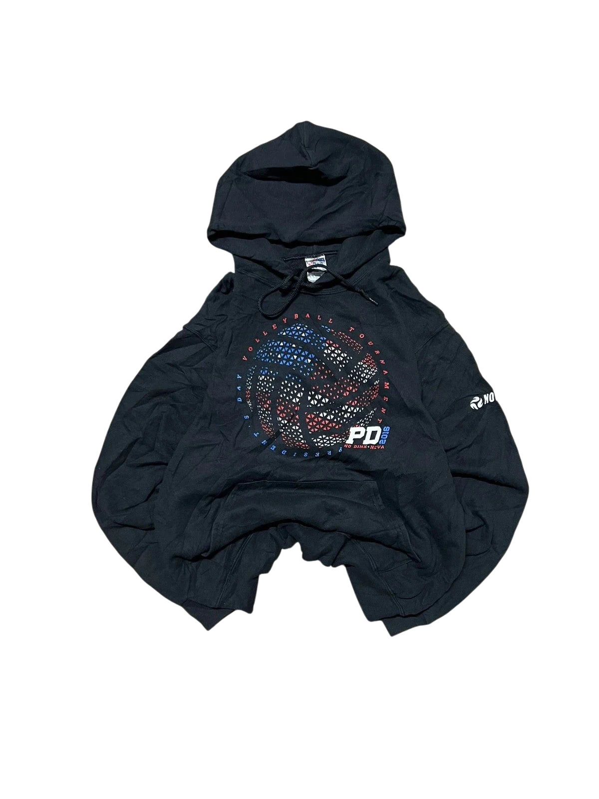 Premier Vintage black cotton blend hoodie with a graphic volleyball design, red, white, and blue accents, and "VOLLEYBALL TOURNAMENT" text.