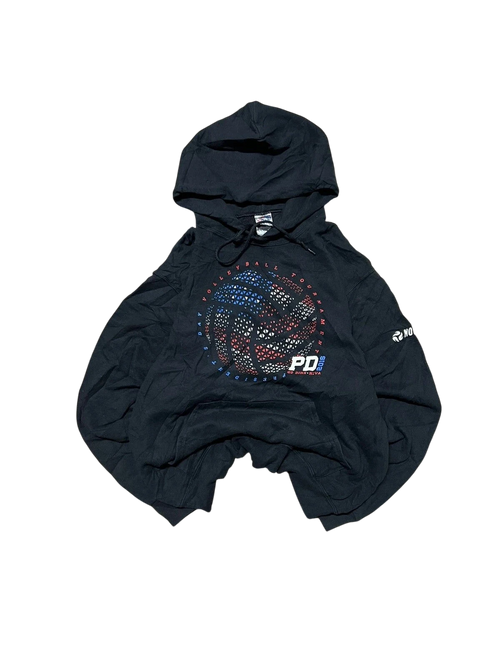 Premier Vintage black cotton blend hoodie with a graphic volleyball design, red, white, and blue accents, and "VOLLEYBALL TOURNAMENT" text.
