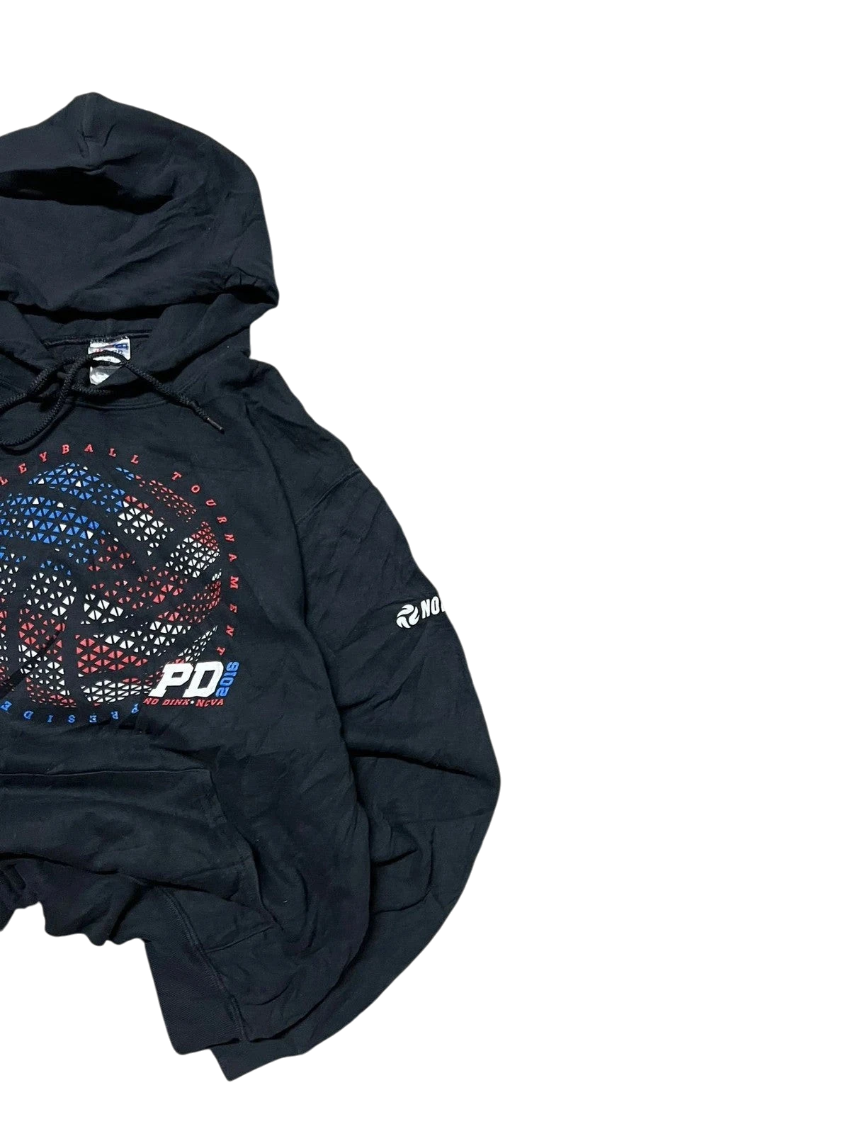 Premier Vintage black cotton blend pullover hoodie with a graphic volleyball design in red, white, and blue accents. Features "VOLLEYBALL TOURNAMENT" and "PRESIDENTS DAY 2016" text.