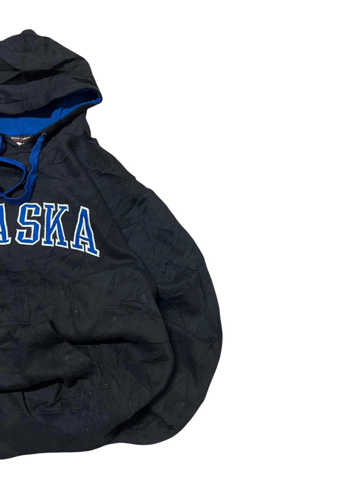 Premier Vintage black cotton blend hoodie with blue lining and "ALASKA" graphic. Features kangaroo pocket.