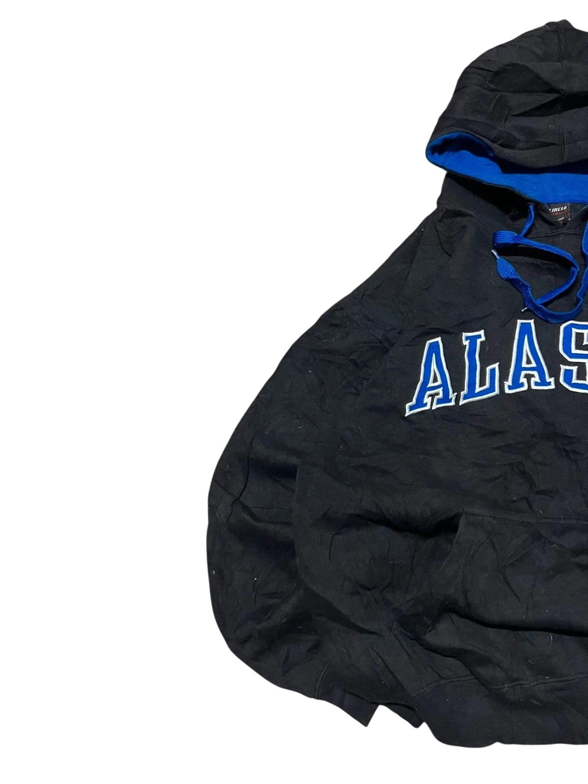 Premier Vintage black cotton blend hoodie with blue lining and "ALASKA" graphic. Features kangaroo pocket.
