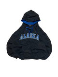 Premier Vintage black cotton blend hoodie with blue lining and "ALASKA" graphic. Features kangaroo pocket.