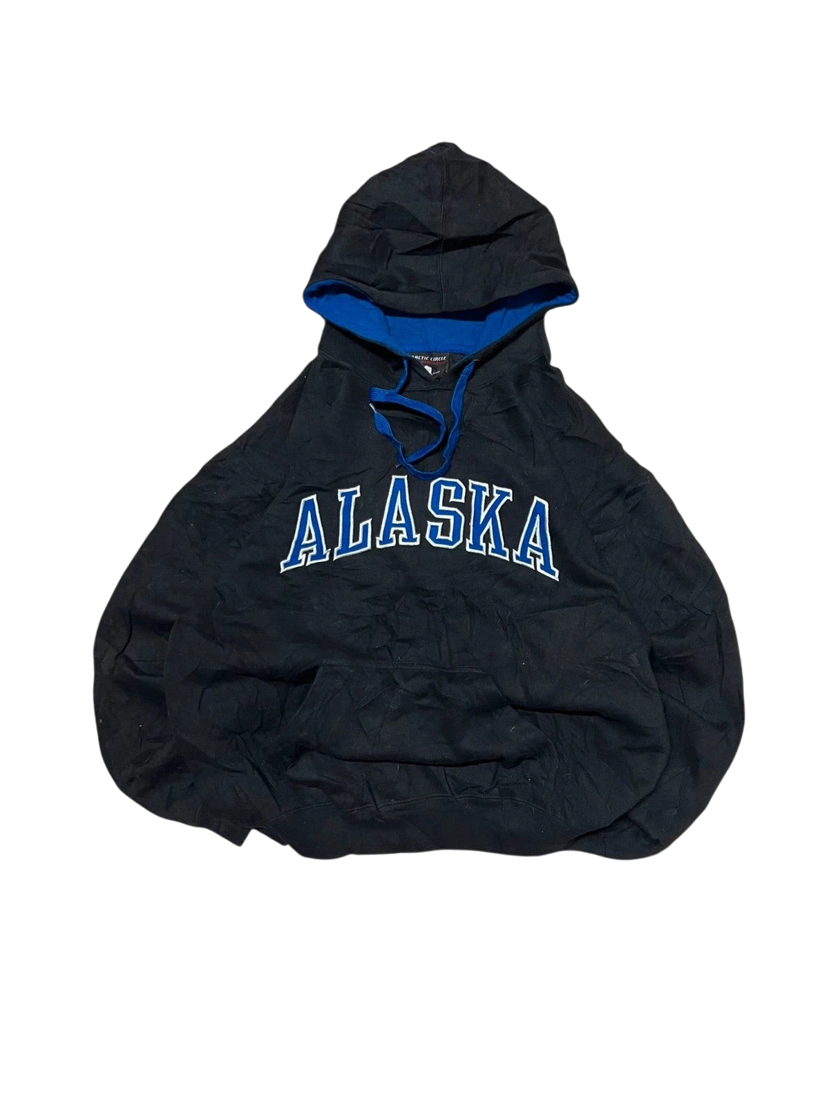 Premier Vintage black cotton blend hoodie with blue lining and "ALASKA" graphic. Features kangaroo pocket.
