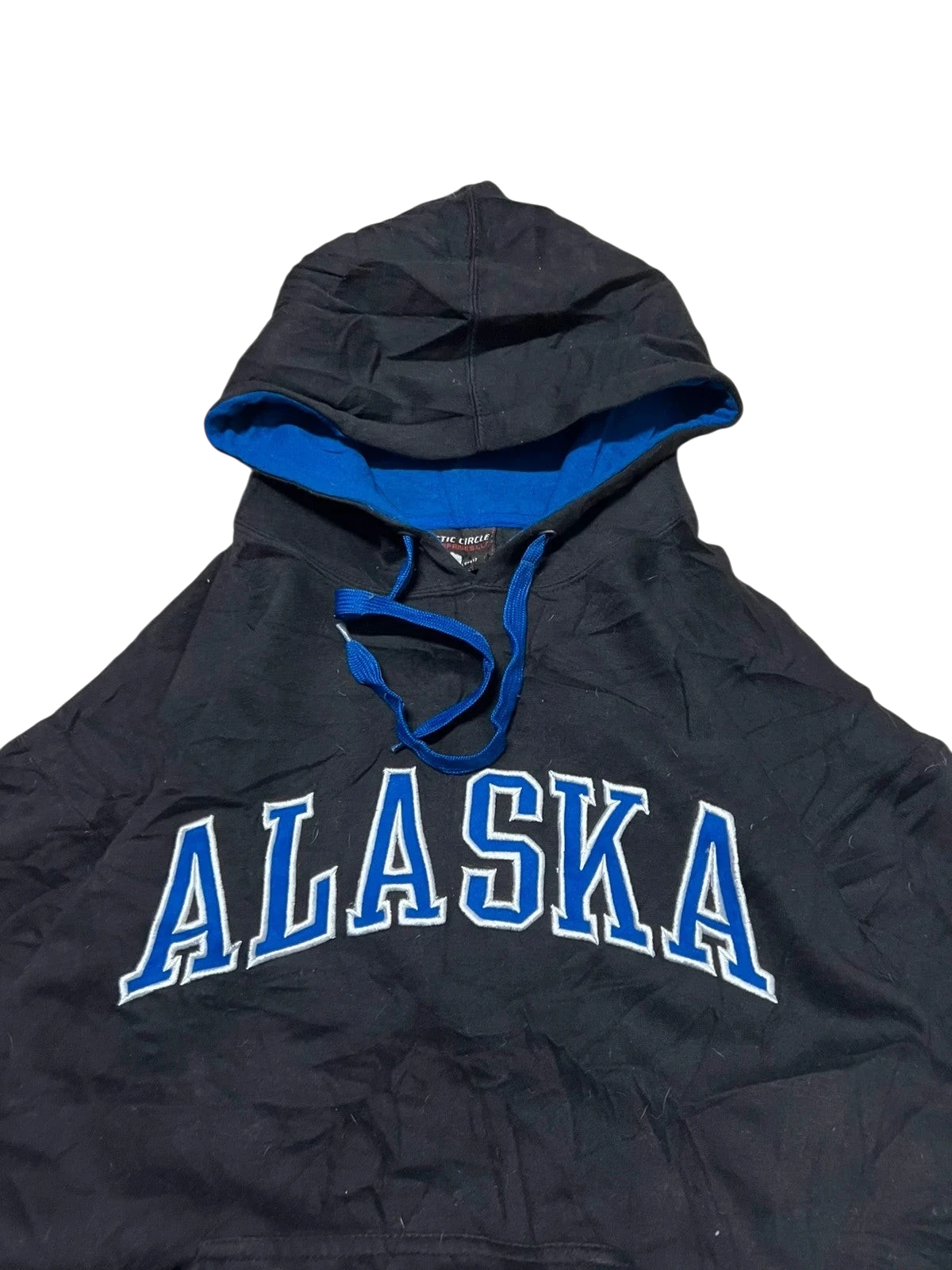 Premier Vintage black cotton blend hoodie with blue lining and "ALASKA" graphic across the chest.