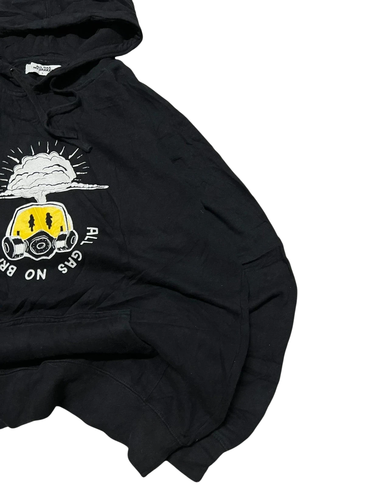 Premier Vintage black cotton graphic hoodie with smiley face wearing gas mask and text "ALL GAS NO BRAKES."