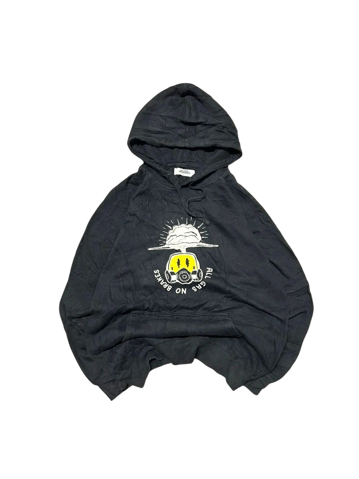 Premier Vintage black cotton graphic hoodie with smiley face wearing gas mask and text "ALL GAS NO BRAKES."